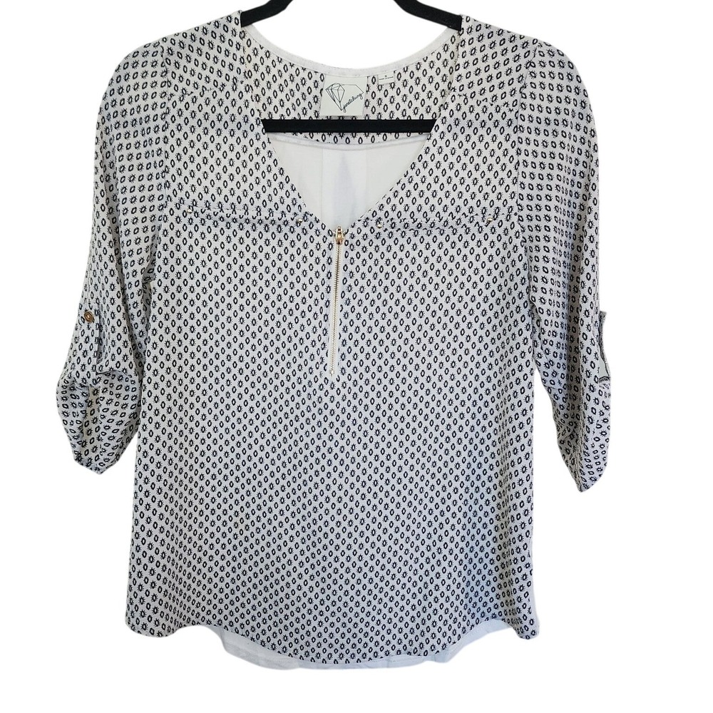 Janet Chung Women Small White Black Geometric Print Roll Tab Quarter‎ Zip Blouse